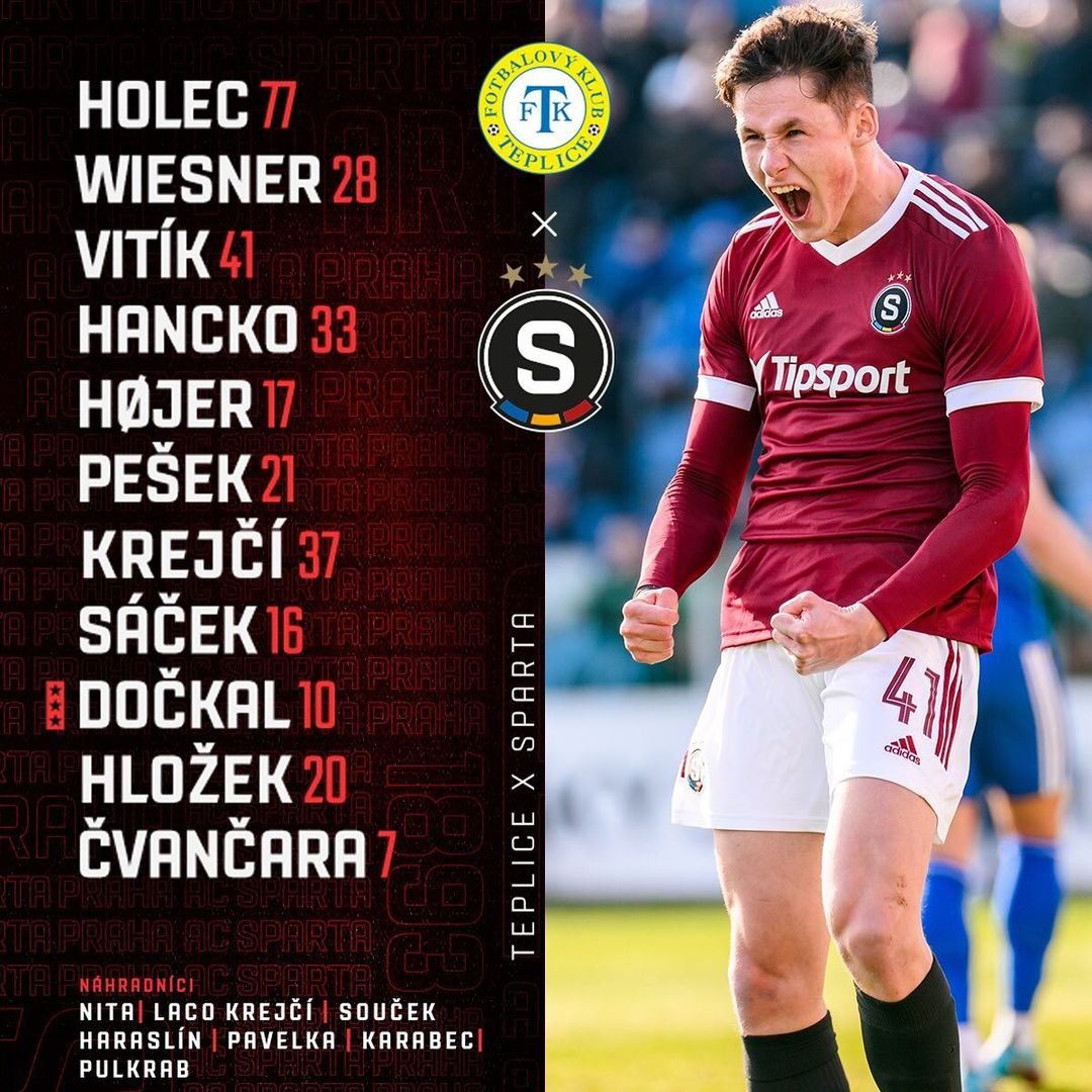 1️⃣1️⃣ SESTAVA | Do utkání na hřišti Teplic vyběhneme takto:

? Holec - Wiesner, Vitík, Hancko, Højer - Pešek, LK37, Sáček, Dočkal, Hložek - Čvančara.

❗ Zdraví do hry nepustí Čelůstku, Panáka a Heču. #acsparta